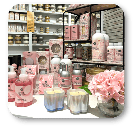 Display of Sweet Grace Fragrance from Bridgewater Candle in the gift shop at Dewayne's in Selma, NC minutes from Raleigh, Cary, Clayton, Garner, Smithfield, Goldsboro