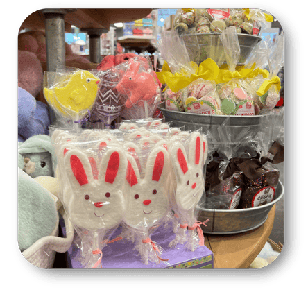 Sweets, vintage candies including bunny-shaped lollipops and wrapped candies in the sweet shop at Dewayne's in Selma, NC minutes from Raleigh, Cary, Clayton, Garner, Smithfield, Goldsboro