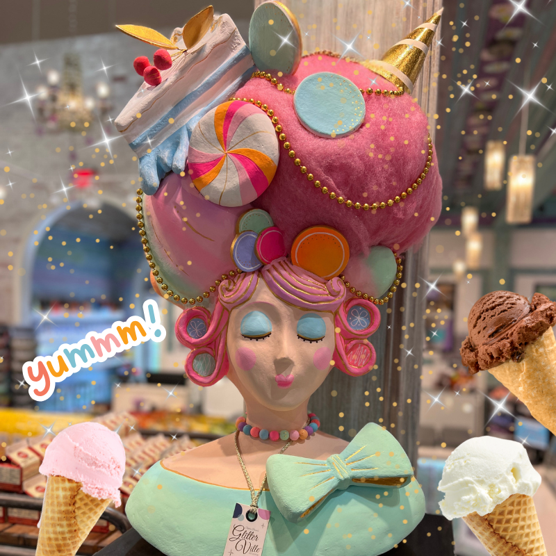 Colorful character with ice cream-themed hair and accessories sweet shop display in Dewayne's