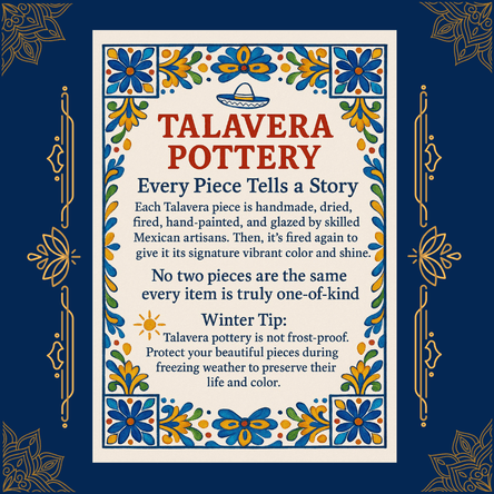 Talavera pottery information card with decorative border on a blue background