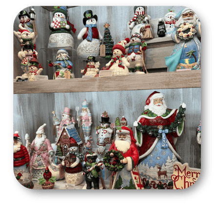 Jim Shore Christmas collection of snowmen and santas  in the timeless treasure room of christmas land at Dewayne's in Selma, NC minutes from Raleigh, Cary, Clayton, Garner, Smithfield, Goldsboro