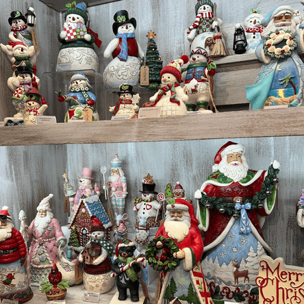 Jim Shore Christmas collection of snowmen and santas  in the timeless treasure room of christmas land at Dewayne's in Selma, NC