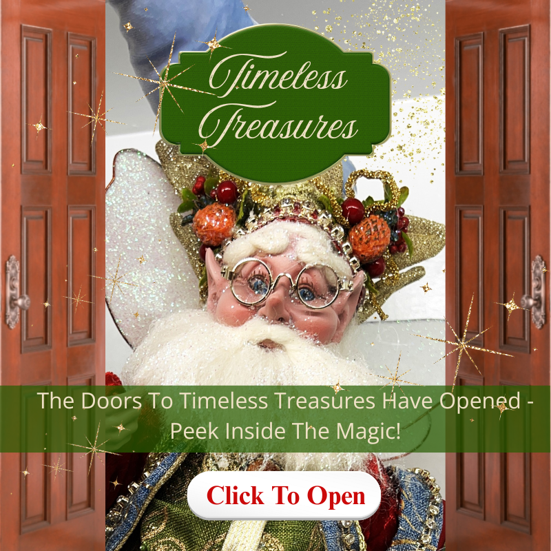 doors open to timeless treasures room showcasing mark roberts holiday figures