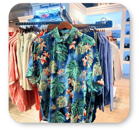 Colorful Tommy Bahama Hawaiian shirts in the men's shoppe at Dewayne's in Selma, NC minutes from Raleigh, Cary, Clayton, Garner, Smithfield, Goldsboro