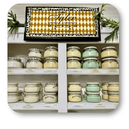 Display of Tyler candles in various scents at Dewayne's in Selma, NC minutes from Raleigh, Cary, Clayton, Garner, Smithfield, Goldsboro