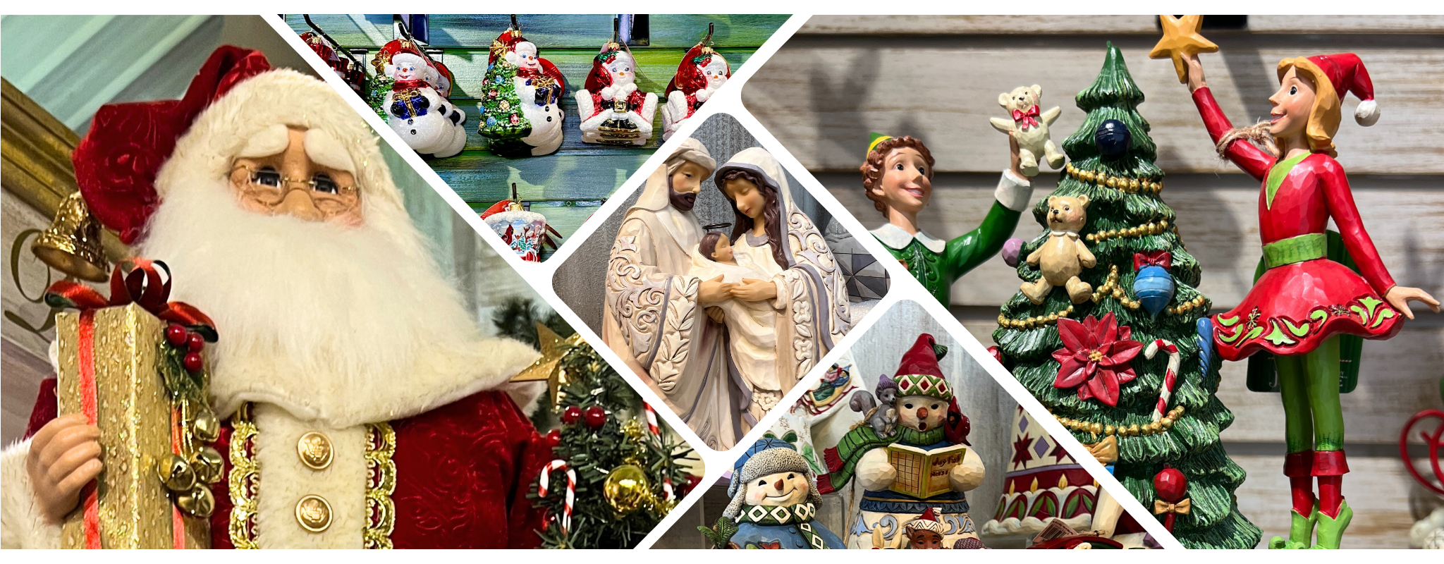 Collage banner for Timeless treasures room of Christmas-themed figurines including Santa Claus, elves, and a nativity scene.