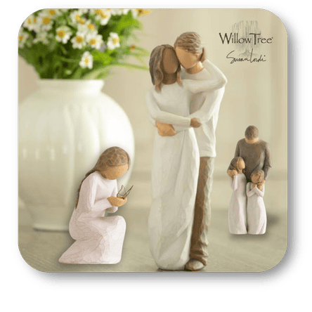 Willow Tree figurine  couple and a couple with two children and woman holding butterfly, surrounded by flowers in the gift shop at Dewayne's in Selma, NC minutes from Raleigh, Cary, Clayton, Garner, Smithfield, Goldsboro