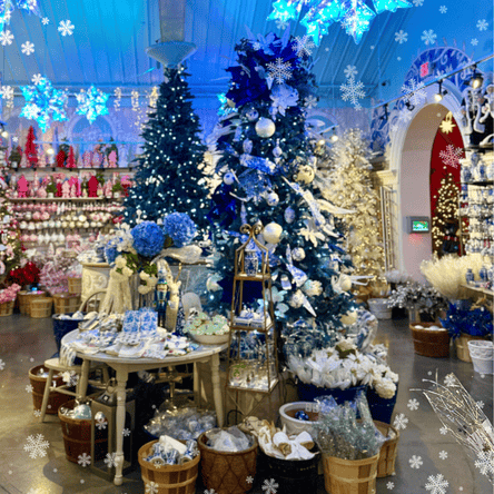 Decorative Christmas scene with Blue trees and ornaments  in Christmas Land at Dewayne's in Selma, NC minutes from Raleigh, Cary, Clayton, Garner, Smithfield, Goldsboro