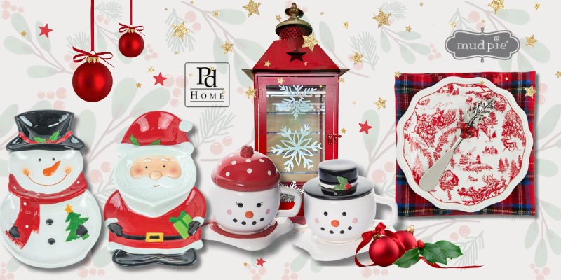 Collection of Christmas-themed kitchen items including a snowman, Santa Claus, and mugs on a decorative background by PD home and mud pie brands
