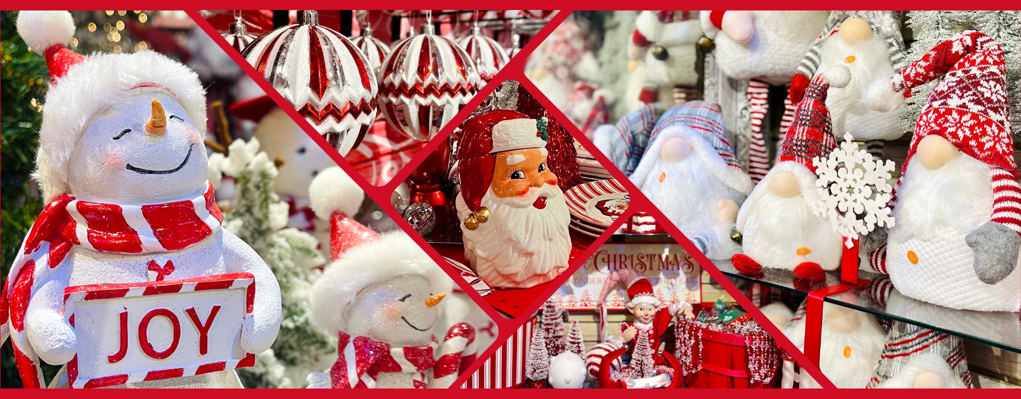Banner Collage for Wrapped IN Red room with Christmas-themed decorations including snowmen, Santa Claus, and festive figures.