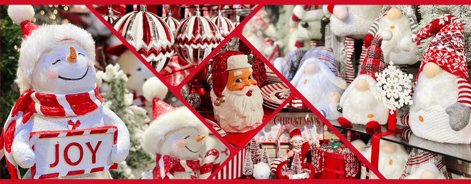 Collage of Christmas-themed decorations including snowmen, Santa Claus, and gift boxes in the wrapped in red room in christmas land 2025 at dewayne's