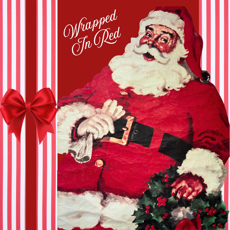 Vintage-style poster of Santa Claus with a red bow and Christmas tree on a red background in the wrapped in red room n christmas land 025 at dewayne's
