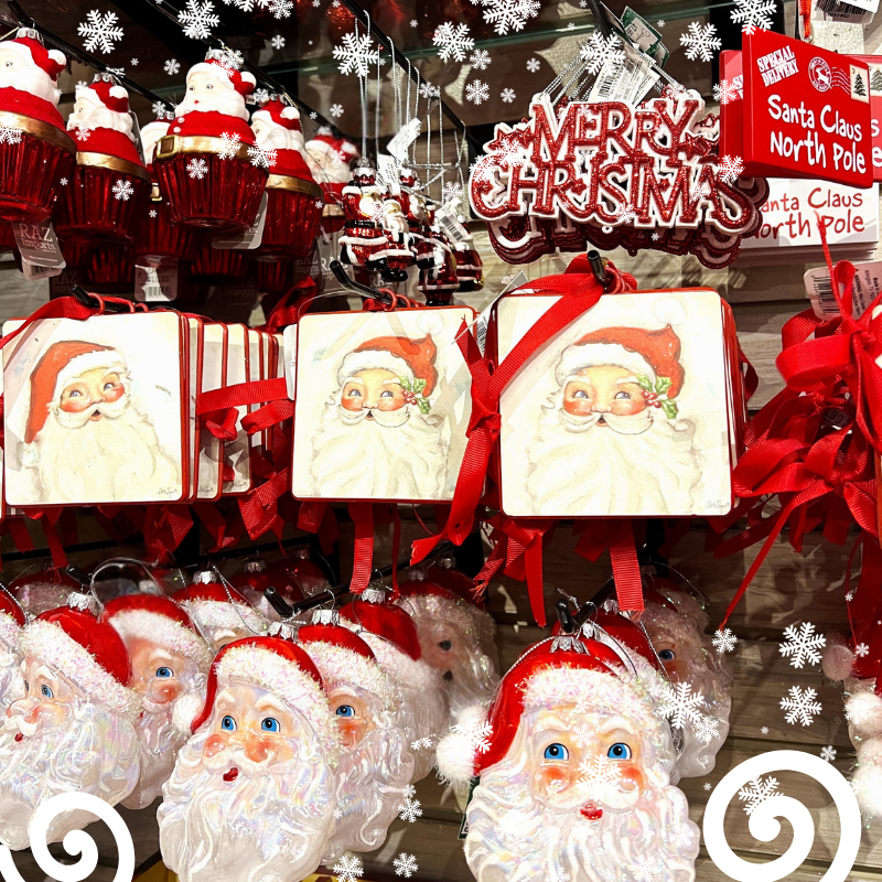 red and white christmas ornaments in the wrapped in red room in christmas land 2025 at dewayne's