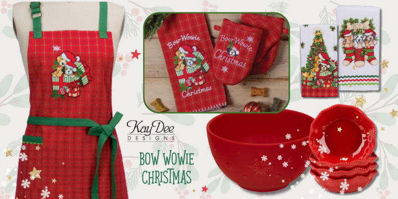 aprons with festive christmas design, matching oven mitts, and bowls by kay dee designs themed bow wowie christmas