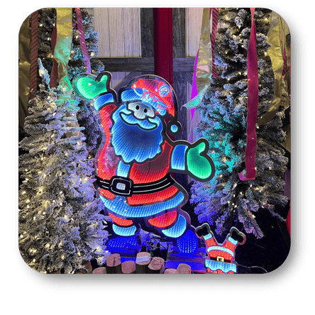 Flocked Christmas trees with outdoor lighted santa at Dewayne's in Selma, NC minutes from Raleigh, Cary, Clayton, Garner, Smithfield, Goldsboro