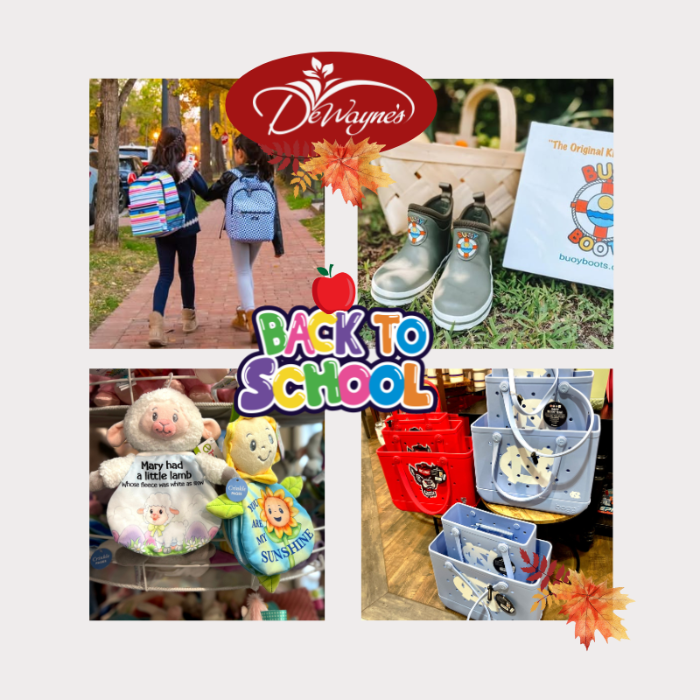 Collage of back-to-school items including backpacks, boots, plush toys, and bags at dewayne's