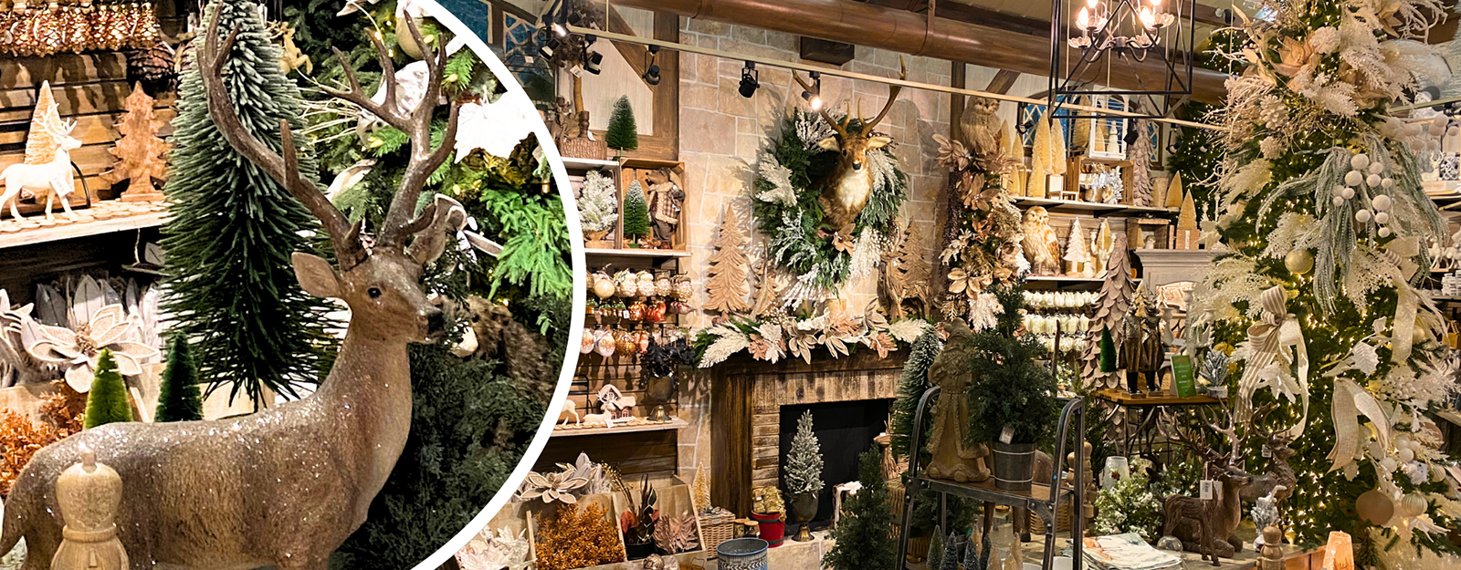 Woodsy Christmas deer, owls and cozy christmas decor in the country christmas room in christmas land at Dewayne's in Selma, NC minutes from Raleigh, Cary, Clayton, Garner, Smithfield, Goldsboro