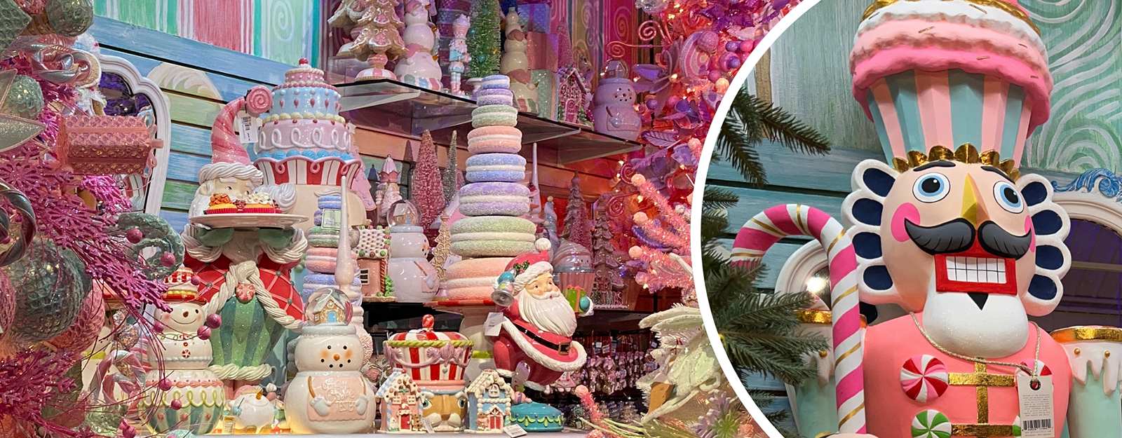 Colorful candy-themed display with a close-up of a character wearing a chef's hat in Kringle's kitchen in christmas land at Dewayne's in Selma, NC minutes from Raleigh, Cary, Clayton, Garner, Smithfield, Goldsboro