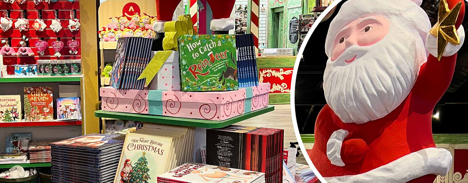 Display of Christmas-themed products including books and a Santa Claus figure in santa's workshop in christmas land 2025 at Dewayne's in Selma, NC minutes from Raleigh, Cary, Clayton, Garner, Smithfield, Goldsboro.