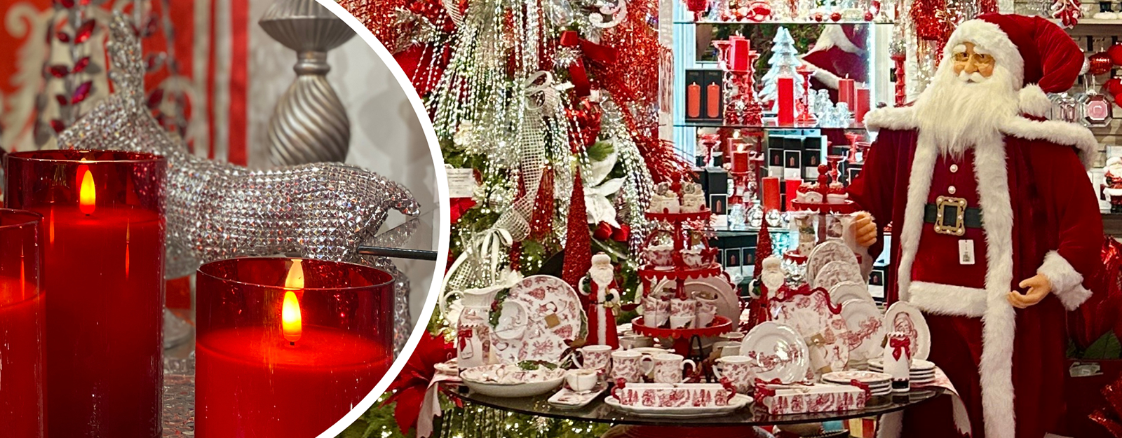 Decorative Christmas red candles, Santa Claus figure, and Christmas-themed items in the wrapped in red room in christmas land at Dewayne's in Selma, NC minutes from Raleigh, Cary, Clayton, Garner, Smithfield, Goldsboro