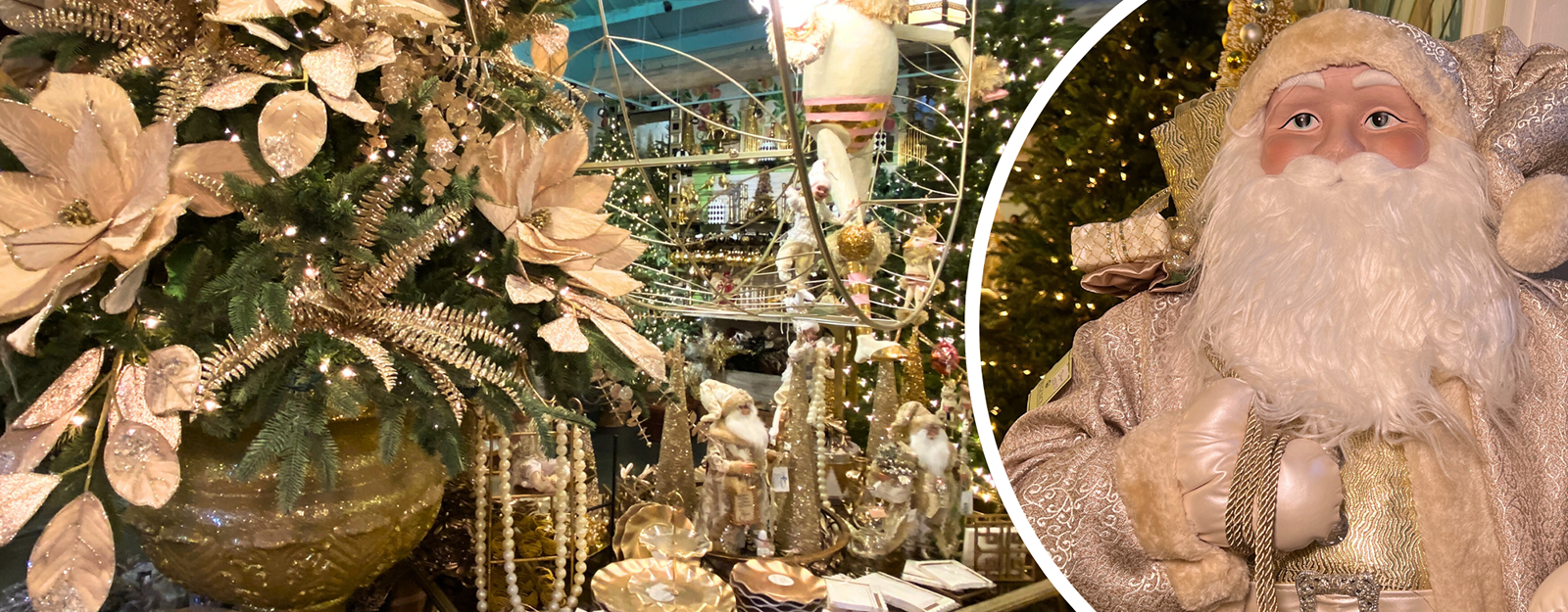 Decorative Christmas tree with gold ornaments and a close-up of a gold Santa Claus figure in the Gold & Glamour room in christmas land at Dewayne's in Selma, NC minutes from Raleigh, Cary, Clayton, Garner, Smithfield, Goldsboro