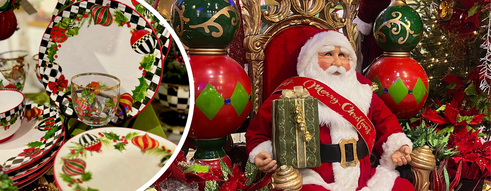 Decorative Christmas tableware and Santa Claus figure with ornaments  in the grand entrance room of christmas land at Dewayne's in Selma, NC minutes from Raleigh, Cary, Clayton, Garner, Smithfield, Goldsboro