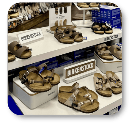 Display of Birkenstock shoes in the gift shop at Dewayne's in Selma, NC minutes from Raleigh, Cary, Clayton, Garner, Smithfield, Goldsboro