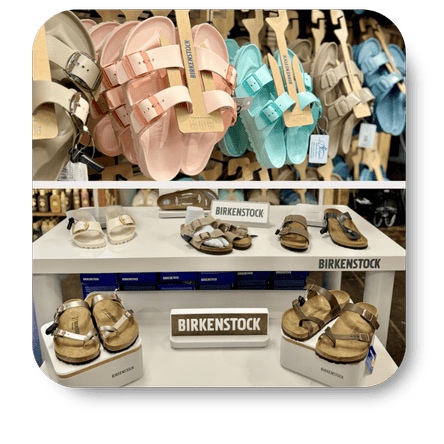 Display of Birkenstock sandals in various colors and styles at Dewayne's in Selma, NC minutes from Raleigh, Cary, Clayton, Garner, Smithfield, Goldsboro