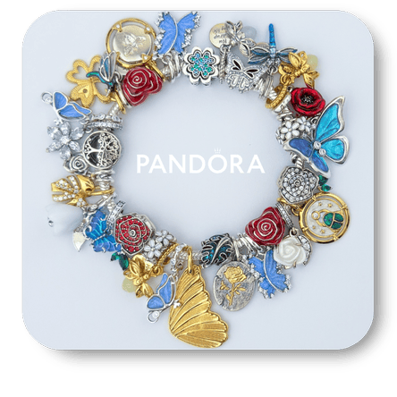 Pandora bloom into spring charms bracelet with various charms on a white background in the boutique at Dewayne's in Selma, NC minutes from Raleigh, Cary, Clayton, Garner, Smithfield, Goldsboro