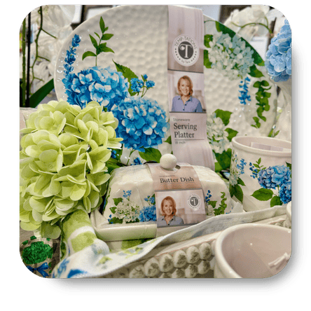 Collection of blue stone serveware, platter in the gift shop at Dewayne's in Selma, NC minutes from Raleigh, Cary, Clayton, Garner, Smithfield, Goldsboro