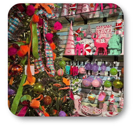 Colorful candy display with various confections in the Kringle's Kitchen room in christmas land at Dewayne's in Selma, NC minutes from Raleigh, Cary, Clayton, Garner, Smithfield, Goldsboro