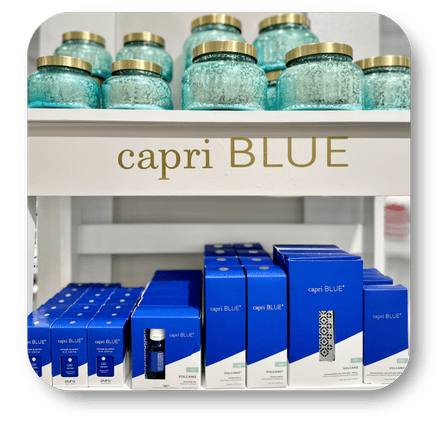 Display of Capri Blue fragrance and candles in the gift shop at Dewayne's in Selma, NC minutes from Raleigh, Cary, Clayton, Garner, Smithfield, Goldsboro