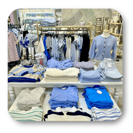 Casual women's tops and sweaters in various shades of blue in the boutique at Dewayne's in Selma, NC minutes from Raleigh, Cary, Clayton, Garner, Smithfield, Goldsboro