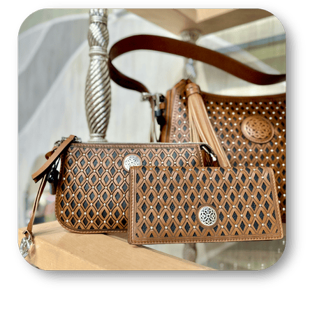 Brighton Brown handbag with decorative lattice pattern in the boutique at Dewayne's in Selma, NC minutes from Raleigh, Cary, Clayton, Garner, Smithfield, Goldsboro