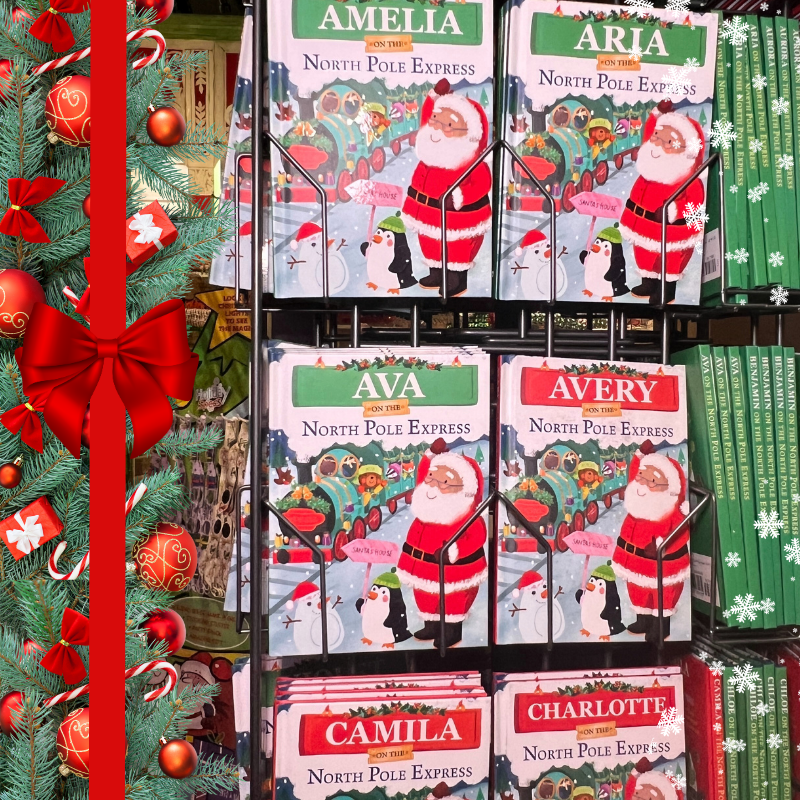 children's books with your child's name titled 'North Pole Express' with Santa Claus illustrations, surrounded by Christmas decorations. in santa's workshop in christmas land 2025 at dewayne's