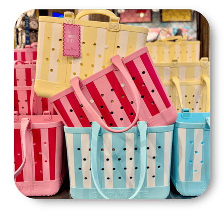 Colorful striped Bogg bags in the gift shop at Dewayne's in Selma, NC minutes from Raleigh, Cary, Clayton, Garner, Smithfield, Goldsboro