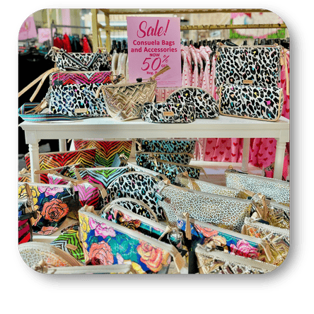 Collage of various Consuela handbags in the boutique at Dewayne's in Selma, NC minutes from Raleigh, Cary, Clayton, Garner, Smithfield, Goldsboro
