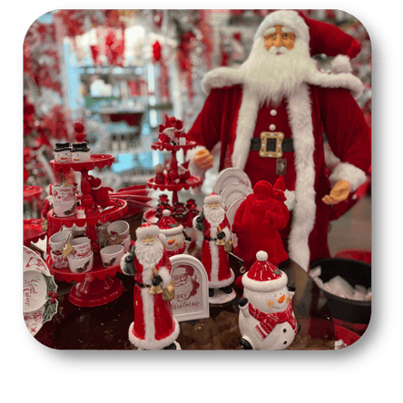 Collection of Santa Claus and snowmen figurines and decorative items in christmas land at Dewayne's in Selma, NC minutes from Raleigh, Cary, Clayton, Garner, Smithfield, Goldsboro
