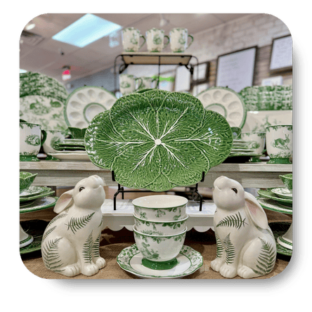 Green and white ceramic serveware with rabbit figures in the gift department at Dewayne's in Selma, NC minutes from Raleigh, Cary, Clayton, Garner, Smithfield, Goldsboro