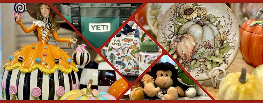 fall collage banner of gifts, yeti, plush and serveware in the gift shop at dewayne's in Selma, NC