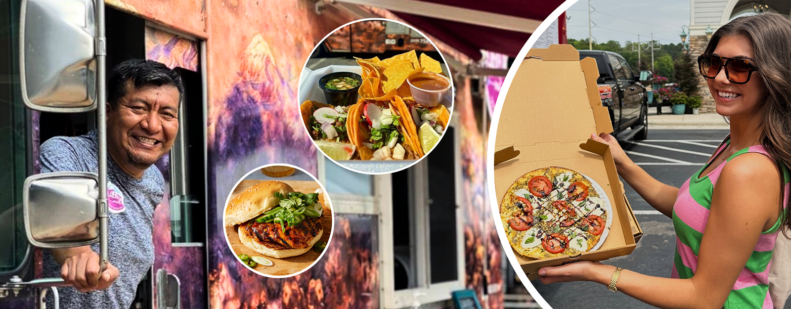 Collage of a food truck driver, food items, and a woman holding a pizza box on Food truck Fridays at Dewayne's in Selma, NC minutes from Raleigh, Cary, Clayton, Garner, Smithfield, Goldsboro
