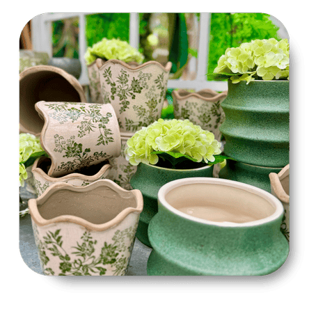 Collection of decorative pots with floral patterns and greenery in the garden center dept of Dewayne's in Selma, NC minutes from Raleigh, Cary, Clayton, Garner, Smithfield, Goldsboro
