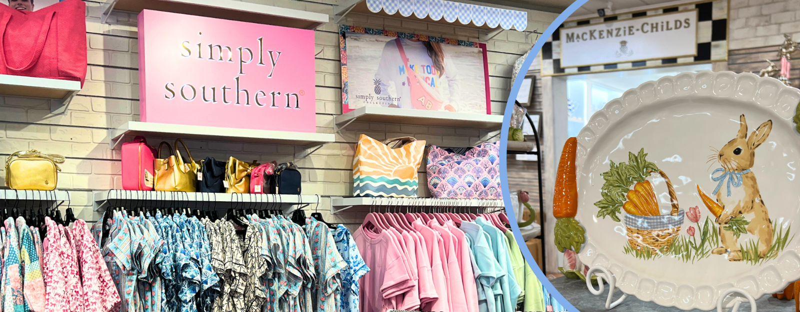 Display of  clothing with a decorative platter featuring bunnies and carrots and mackenzie-childs brand sign in the gift shop at Dewayne's in Selma, NC minutes from Raleigh, Cary, Clayton, Garner, Smithfield, Goldsboro
