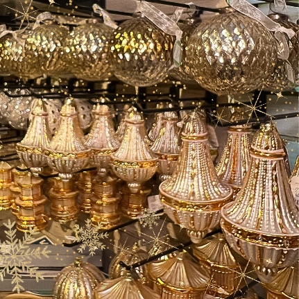 Decorative gold ornaments  in the gold and glamour room in christmas land 2025 at dewayne's
