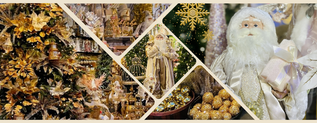 collage banner of golden decor for the Gold & Glamour room in christmas land 2025 at dewayne's