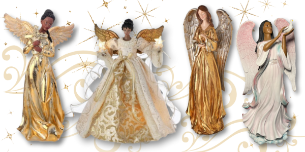 Angel figurines with decorative wings and dresses on a white background  in the gold and glamour room in christmas land at Dewayne's in Selma, NC minutes from Raleigh, Cary, Clayton, Garner, Smithfield, Goldsboro
