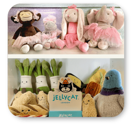 Collection of Jellycat plush toys including a monkey, rabbit, and elephant in-store at DeWayne’s in Selma, NC minutes from Raleigh, Cary, Clayton, Garner, Smithfield, Goldsboro