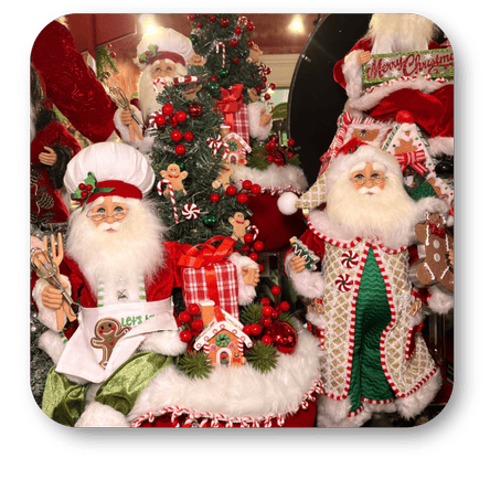 Decorative Christmas Santa Claus figurines by Karen Didion in the timeless treasures room in christmas land at Dewayne's in Selma, NC minutes from Raleigh, Cary, Clayton, Garner, Smithfield, Goldsboro