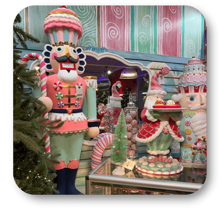 Decorative nutcracker and Christmas-themed figures in the Kringle's Kitchen room in christmas land 2025 at Dewayne's in Selma, NC minutes from Raleigh, Cary, Clayton, Garner, Smithfield, Goldsboro