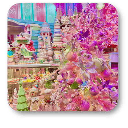 Colorful candy display with various confections in the Kringle's Kitchen room in christmas land 2025 at Dewayne's in Selma, NC minutes from Raleigh, Cary, Clayton, Garner, Smithfield, Goldsboro